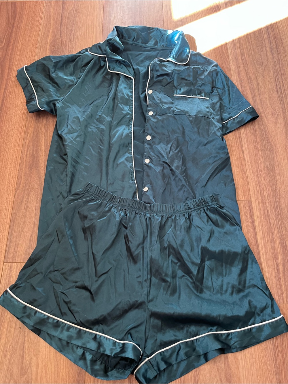 Women’s Satin Pajama Set with Contrast Piping - Dark Teal